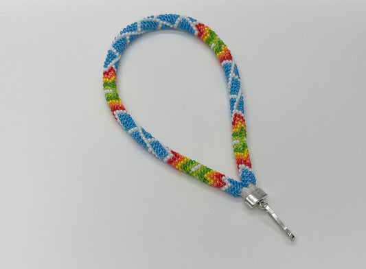 Beaded Wristlet Keychain; Turquoise Blue and White