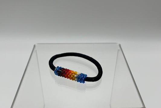 Beaded Hair Tie; Black with Blue Beadwork