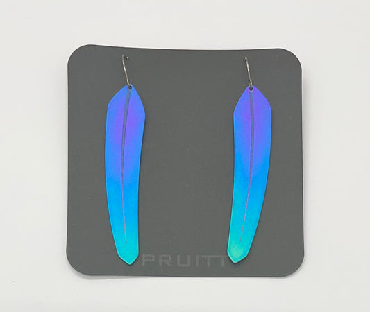 Pat Pruitt Titanium Large Feather Earrings Blue with Teal Tips