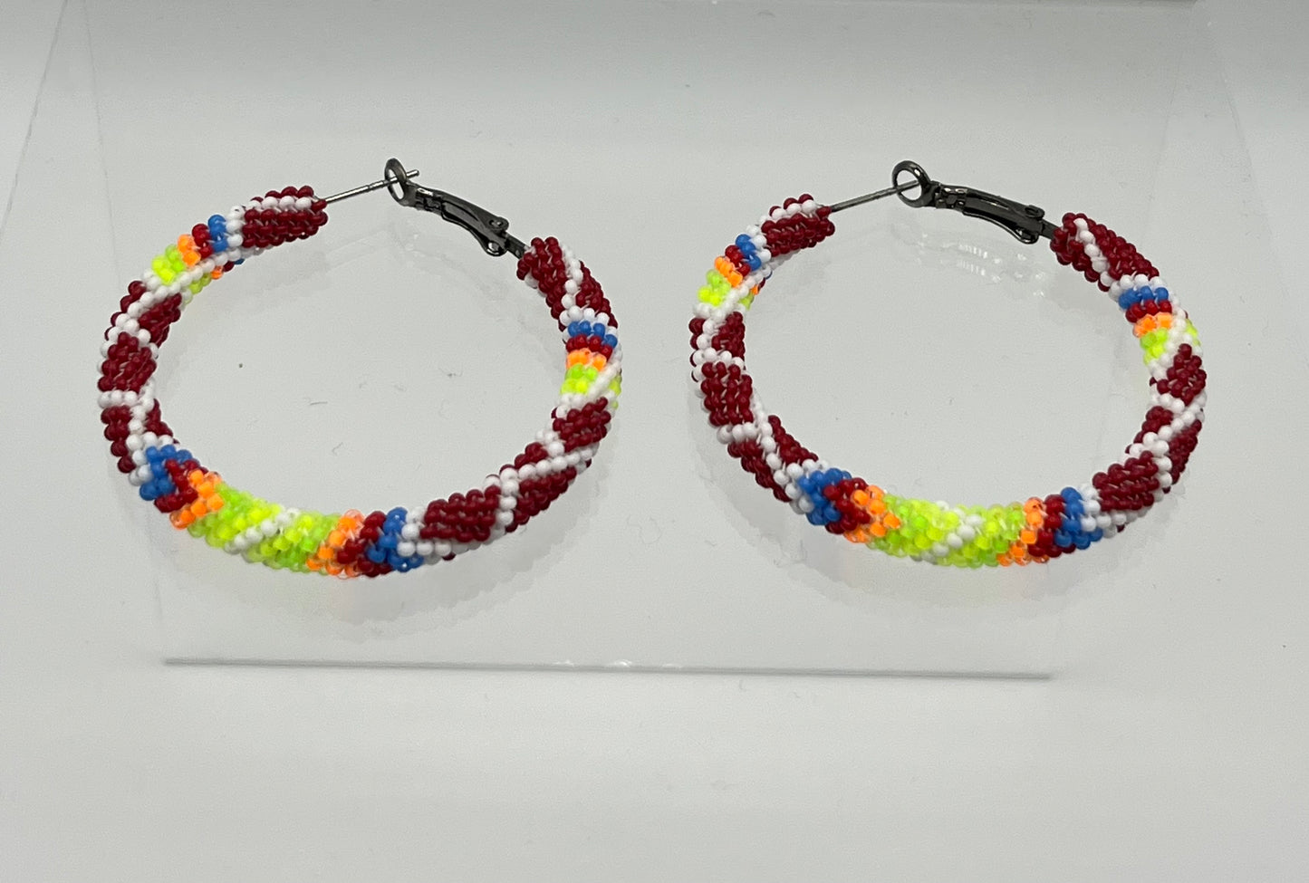 Large Beaded Hoop Earrings Dark Red