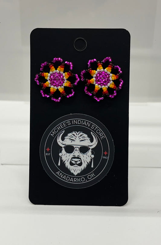 Beaded Floral Earrings; Fuchsia