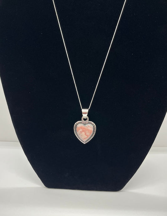 Rhodochrosite and Sterling Silver Heart Pendant with chain