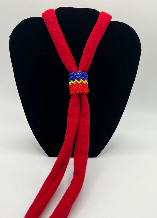Broadcloth Bolo Tie; Red with Blue and Red Beaded Slide