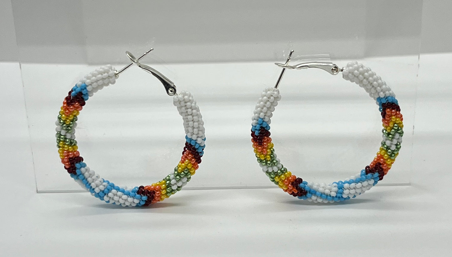 Medium Beaded Hoop Earrings; White with Light Blue Detail