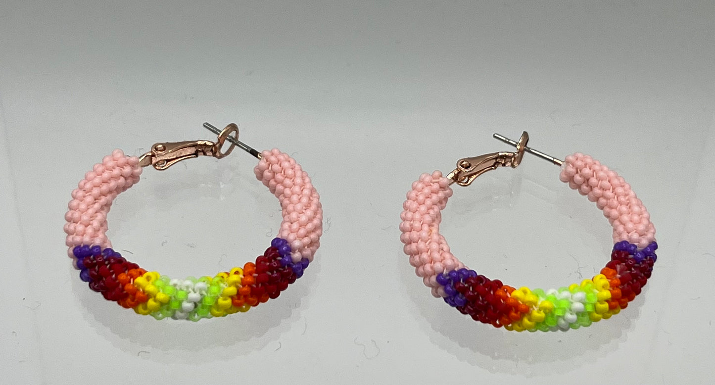 Medium Beaded Hoop Earrings Pink