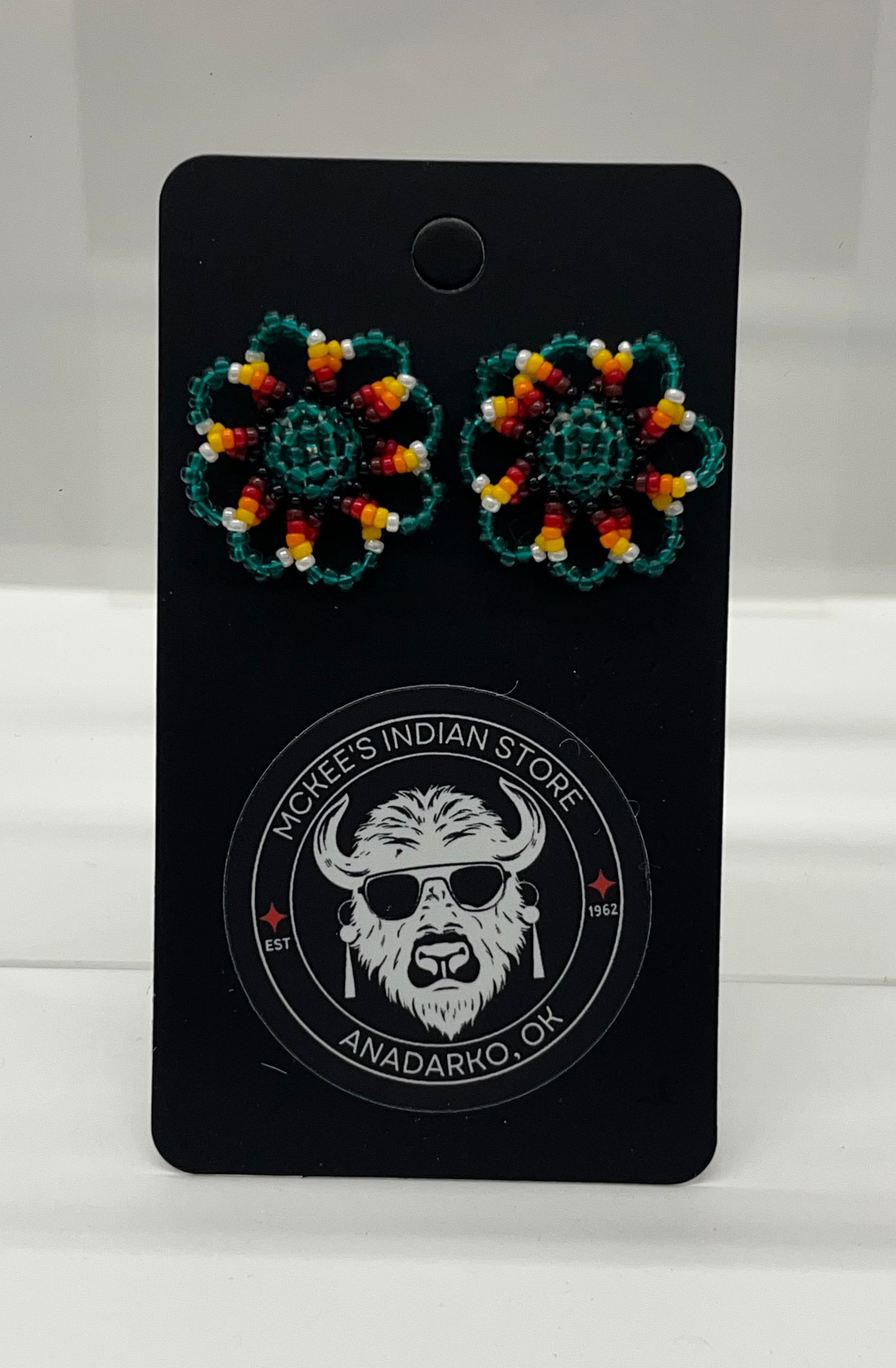 Beaded Floral Earrings; Dark Green