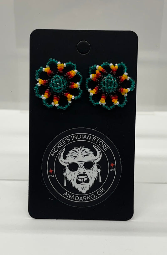 Beaded Floral Earrings; Dark Green