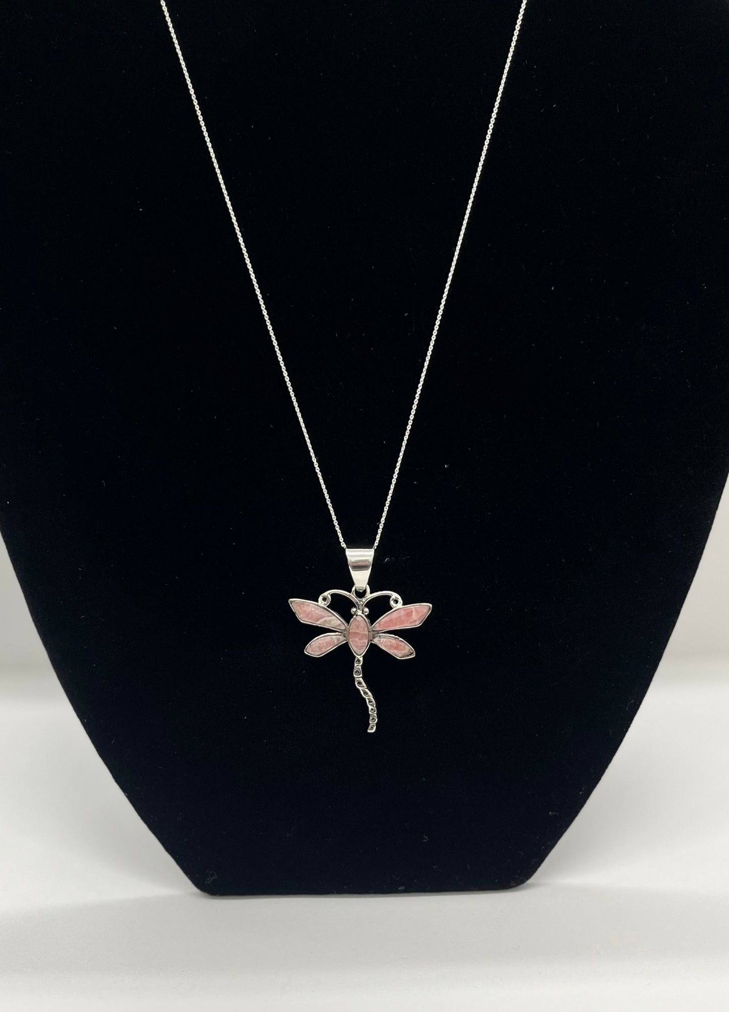 Rhodochrosite and Sterling Silver Dragonfly Pendant with chain