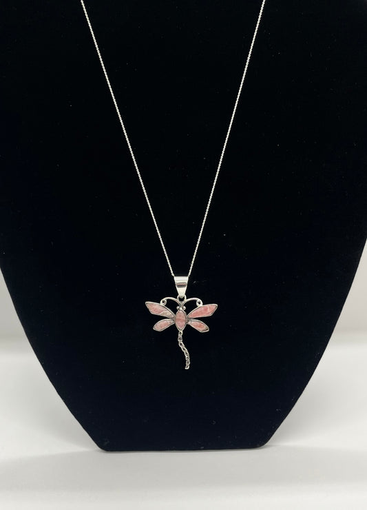 Rhodochrosite and Sterling Silver Dragonfly Pendant with chain