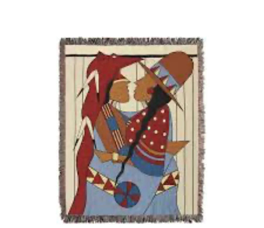 Native American couple in traditional attire on woven tapestry with geometric patterns and fringe