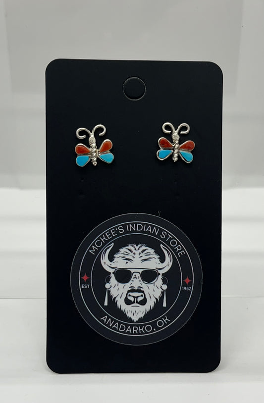 Turquoise, Coral and Sterling Silver Butterfly 🦋 Earrings