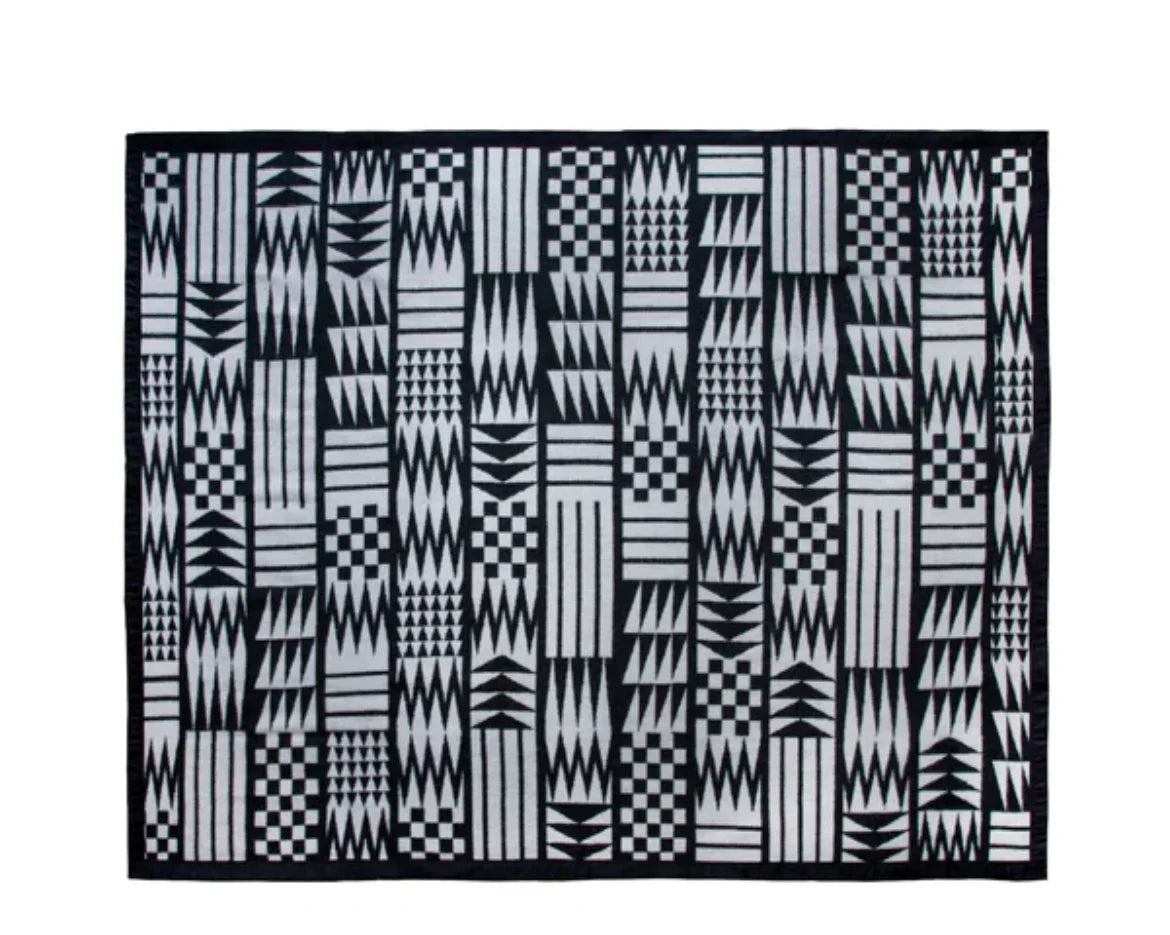 Black and white Native American geometric patterned blanket with tribal designs
