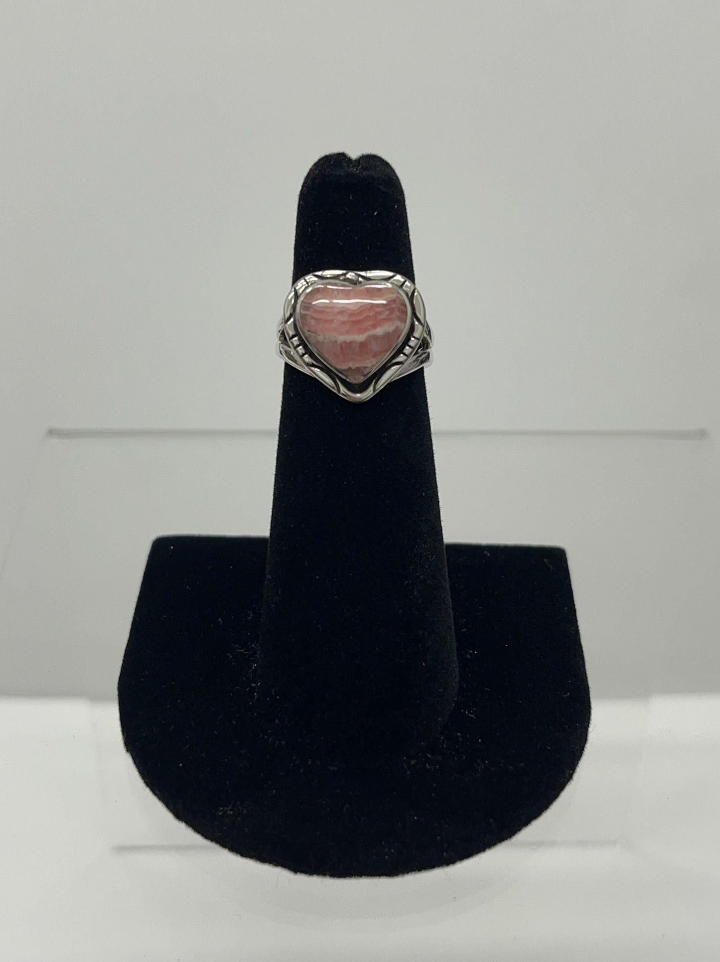 Rhodochrosite and Sterling Silver Heart Ring Size; 4.5