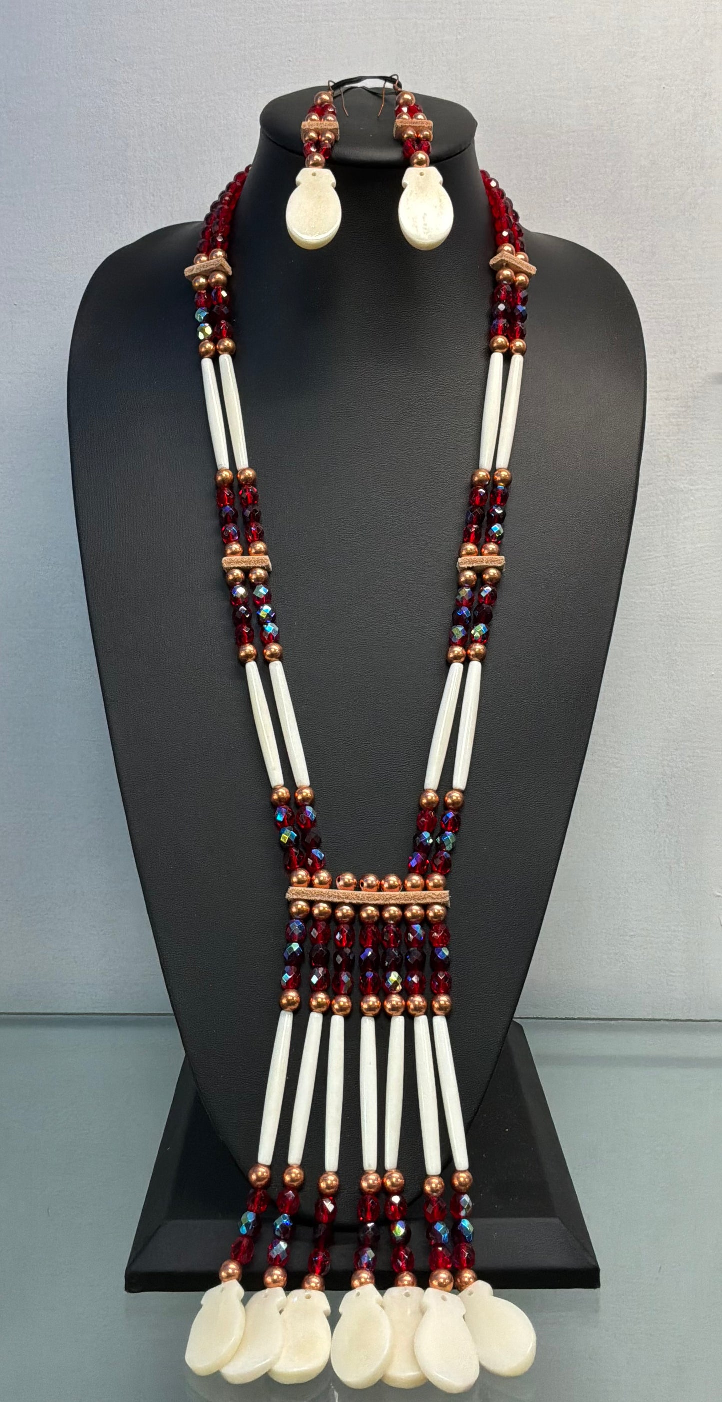 Bone and Glass Elk Tooth Necklace/Earring Set - Red