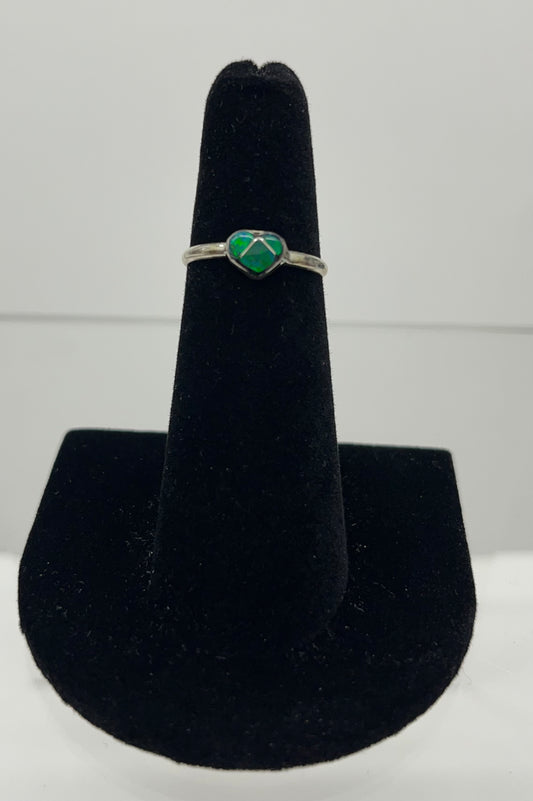 Petite Green  Opal and Sterling Silver Heart Ring Size 6.25