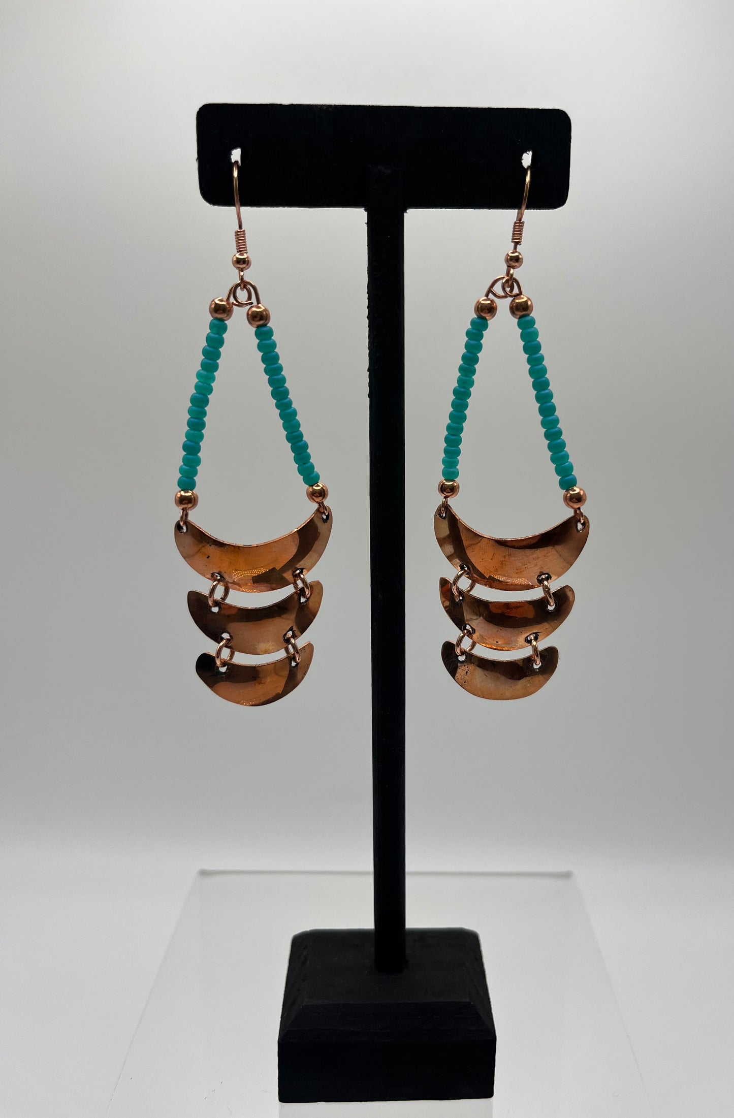 Charley Johnson Earrings; Mini Triple Gorget in Copper with Turquoise Beads