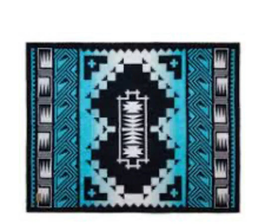 Native American style blanket with black, turquoise, and white geometric patterns for traditional crafts