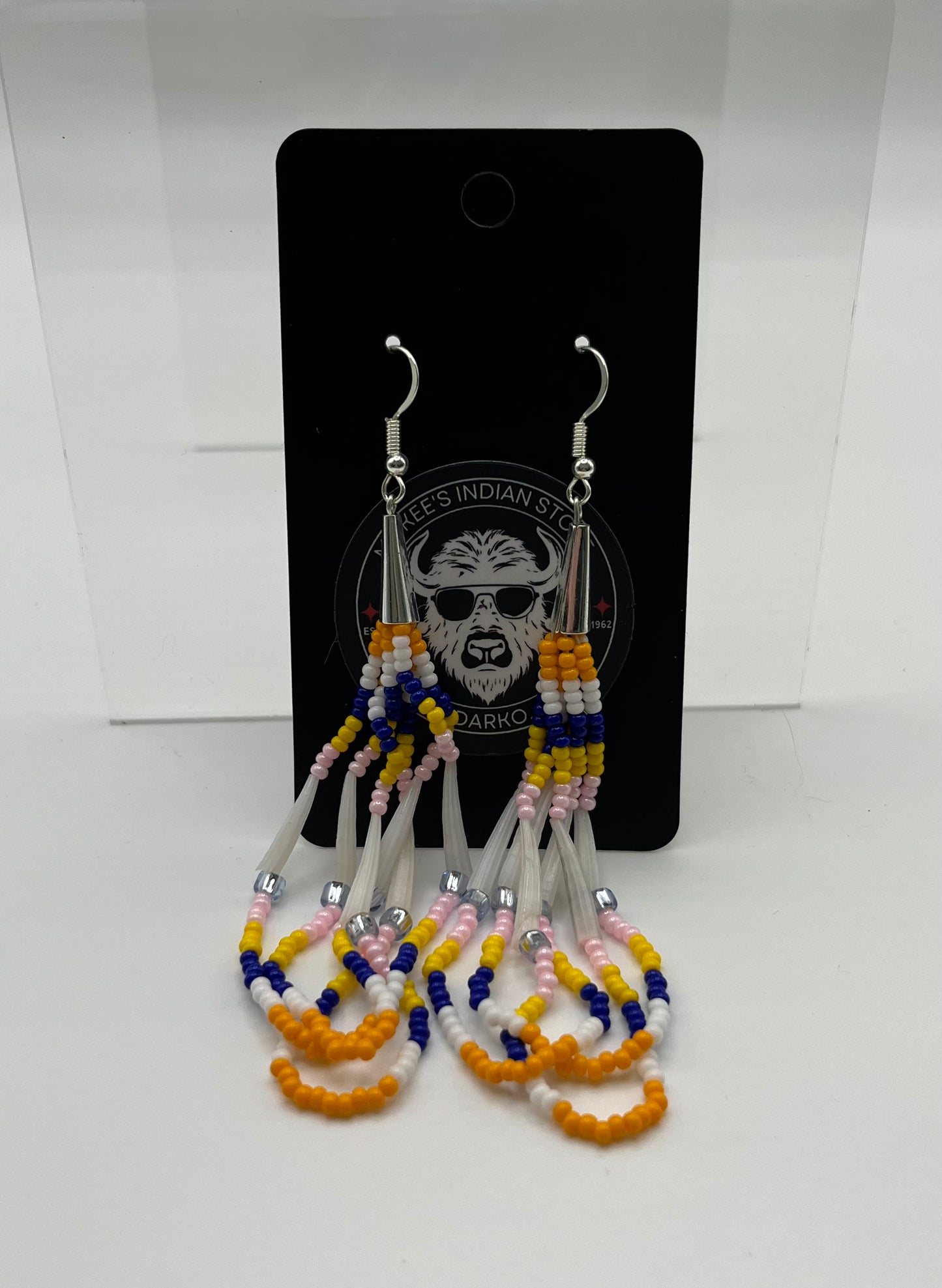 Beaded Earrings with Dentalium; Navy and Orange