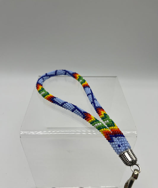 Beaded Keychain Wristlet; Periwinkle Blue with Red and Yellow Detail