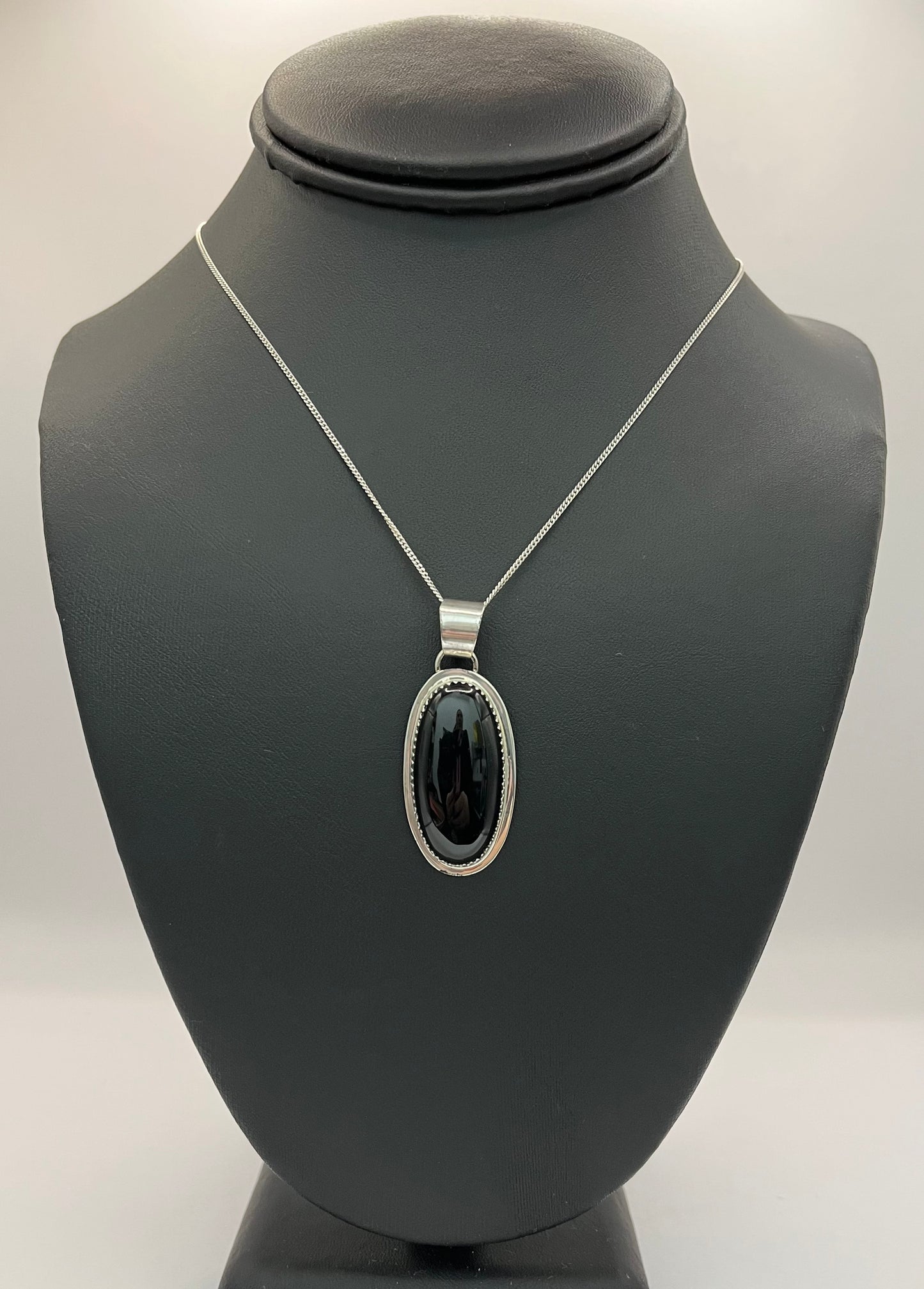 Large Oval Onyx and Sterling Silver Pendant with Chain