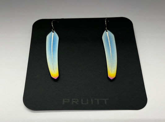 Pat Pruitt Titanium Small Feather Earrings Light Blue with Yellow and Pink Tips