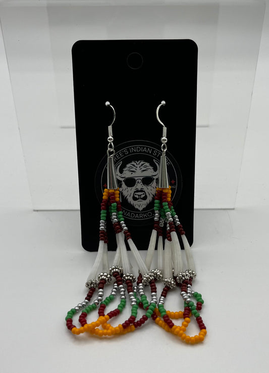 Beaded Earrings with Dentalium; Green, Orange and Red