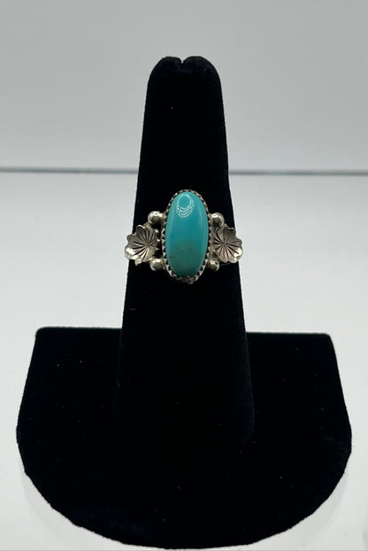 Turquoise and Sterling Silver Ring with Floral Detail; Size 7.5