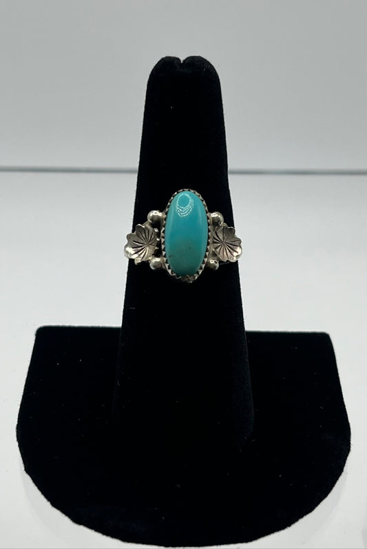 Turquoise and Sterling Silver Ring with Floral Detail; Size 7.5