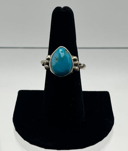 Turquoise and Sterling Silver Pear Shaped Ring with Rope Design Band; Size 7.75