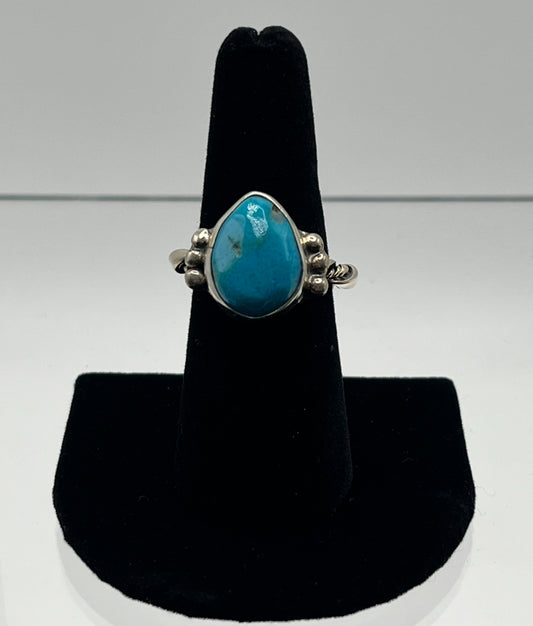 Turquoise and Sterling Silver Pear Shaped Ring with Rope Design Band; Size 7.75