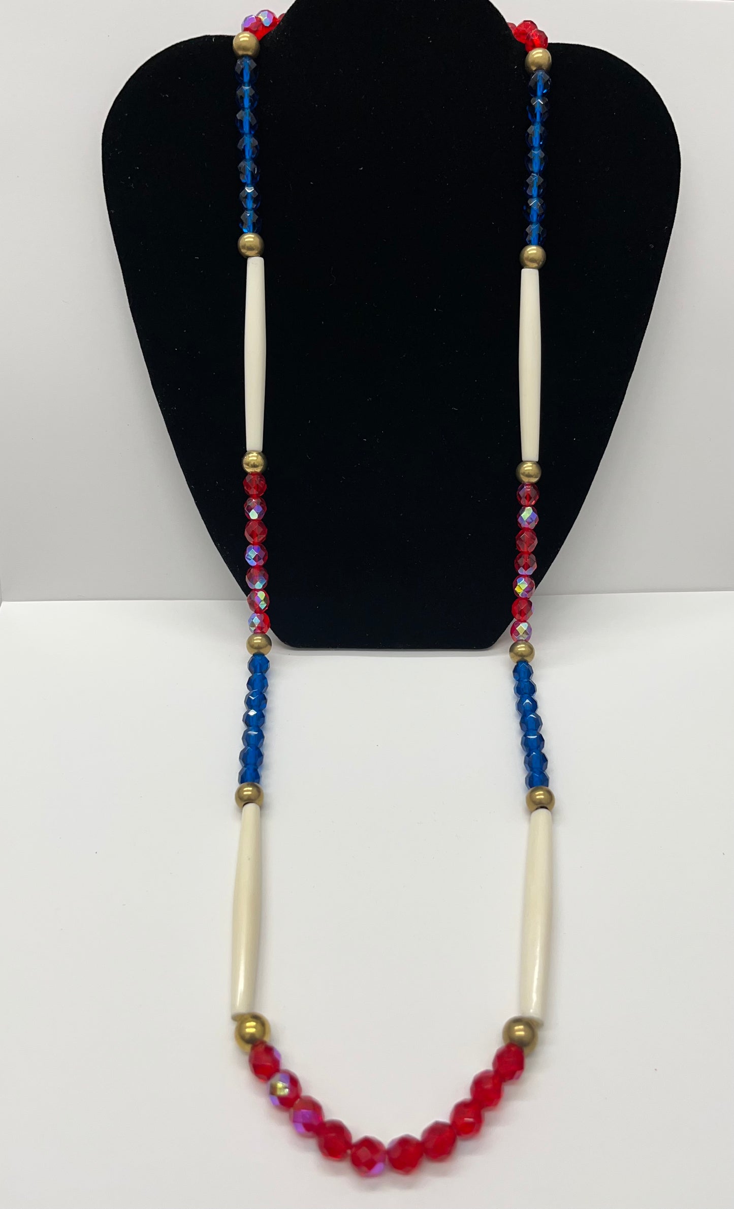 Bone and Bead Necklace; Red and Capri Blue with Brass metal accent beads