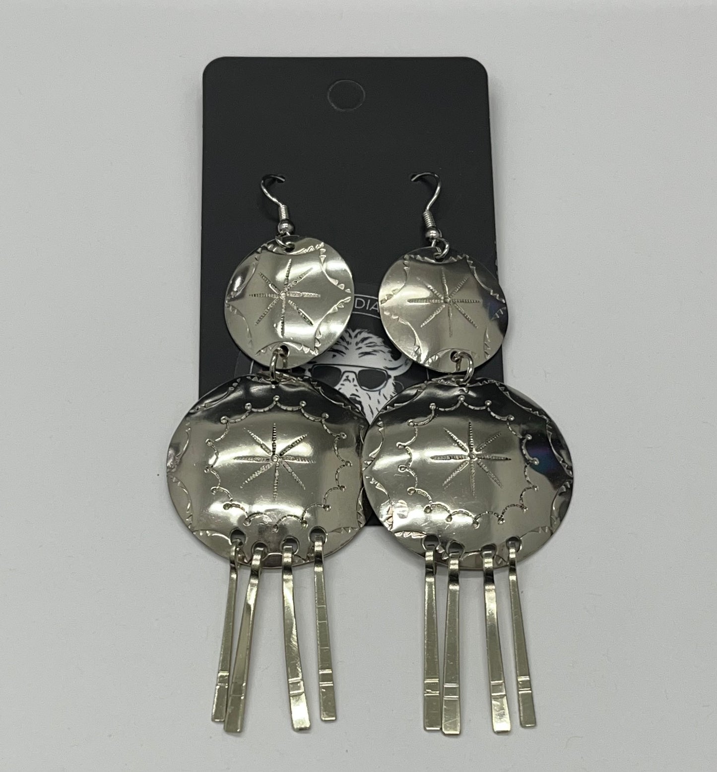 German Silver Stamped Shield Long Earrings