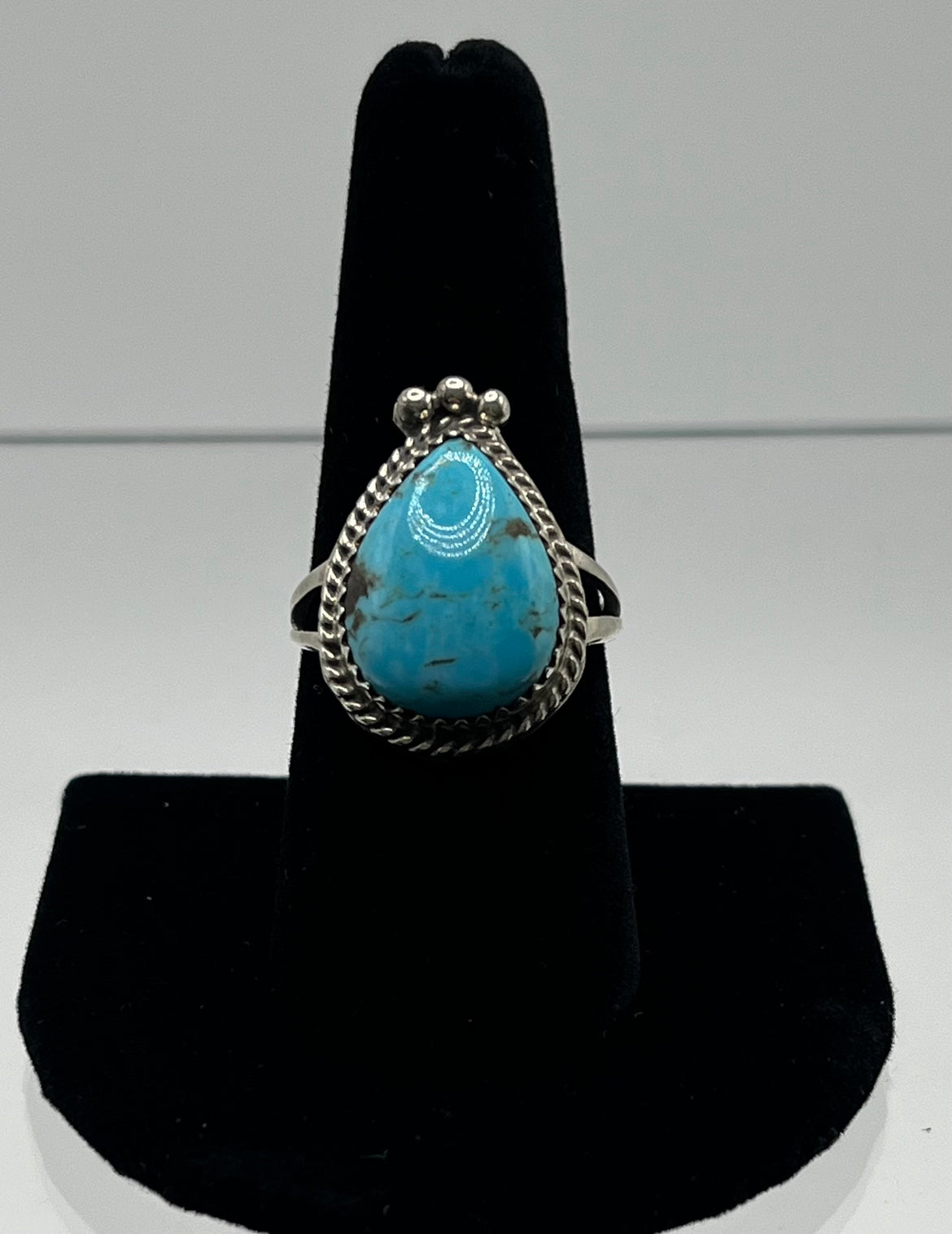 Blue Turquoise and Sterling Silver Ring with 3 Point Detail; Size 9