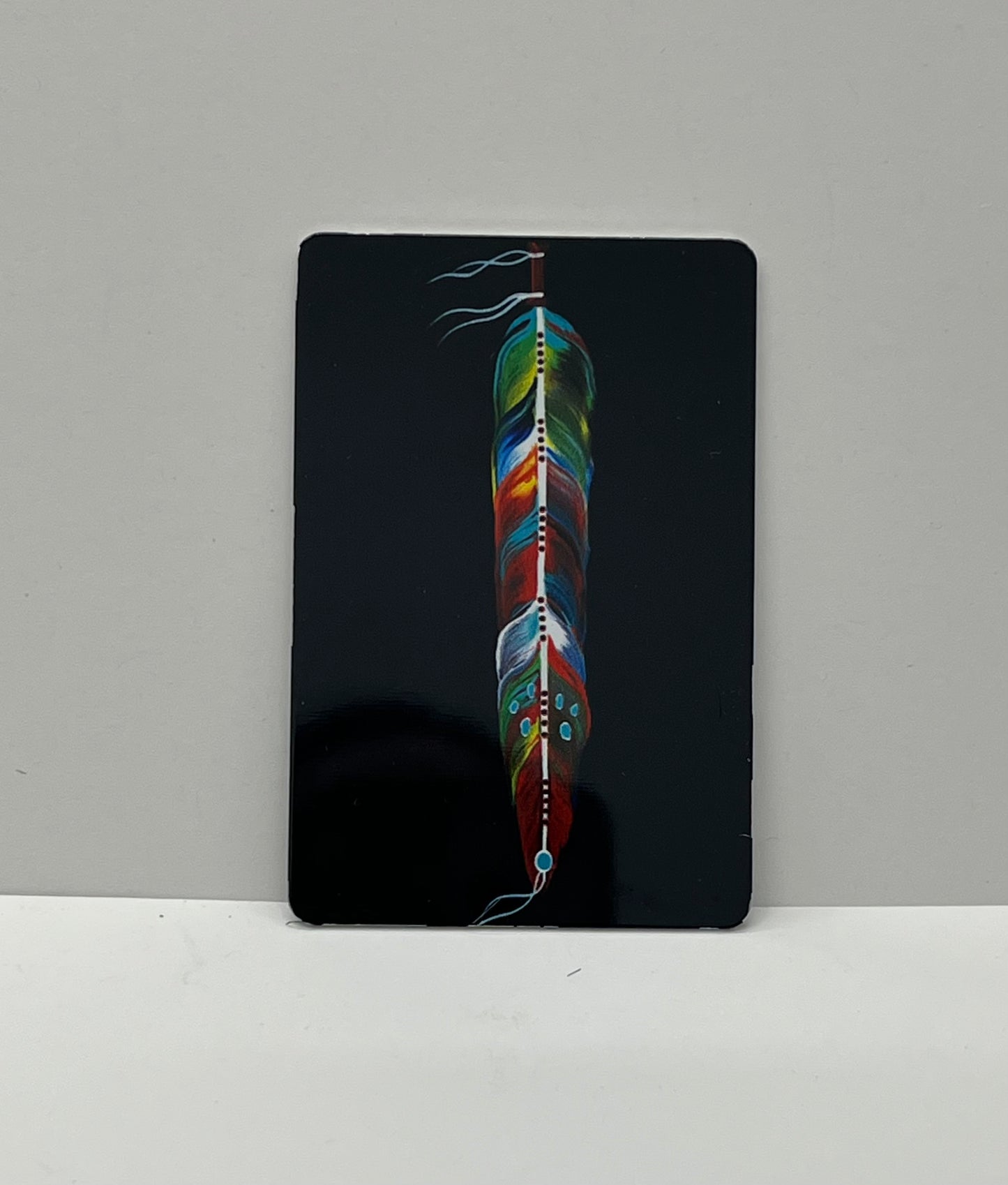 Traci Rabbit Aluminum Magnet; “Feather of Many Colors”, 2x3”