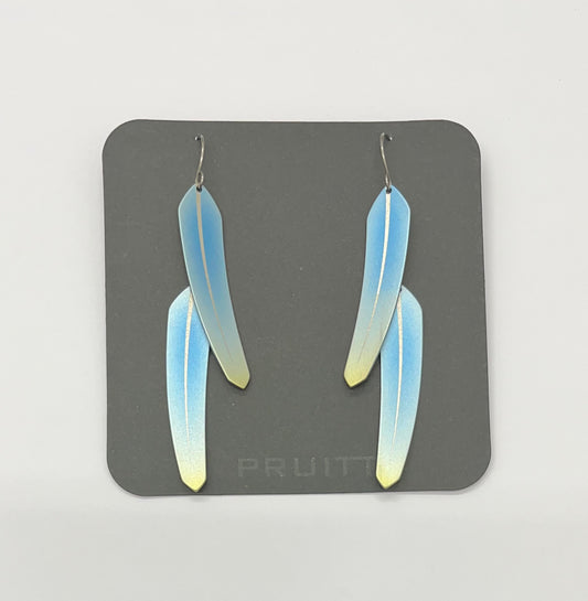 Pat Pruitt Titanium Small Double Feather Earrings Light Blue with Yellow Tips