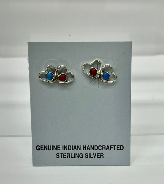 Small Turquoise, Coral and Sterling Silver Double Heart Earrings
