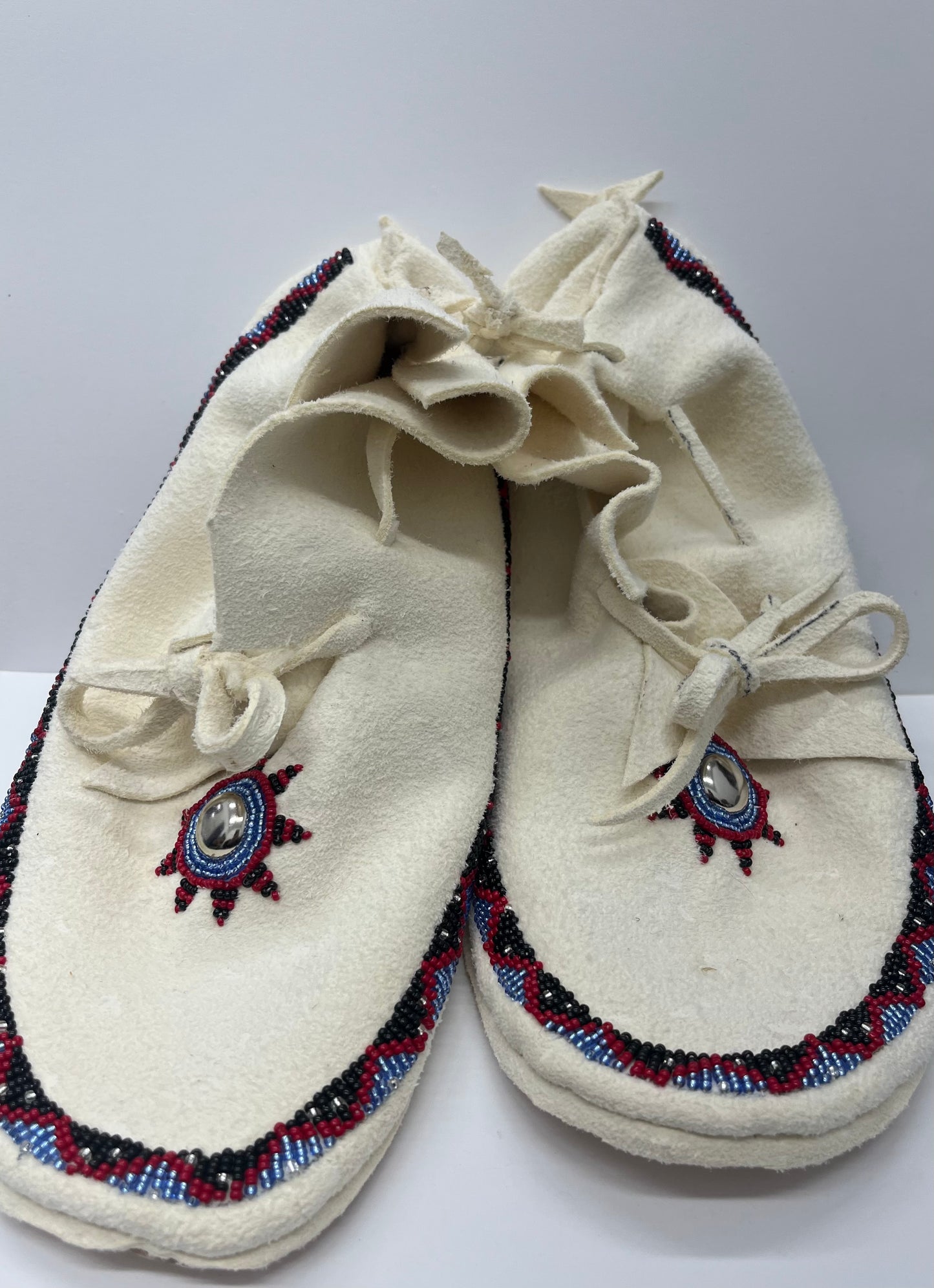 Size 10 Beaded Moccasins; Red, Blue, Black