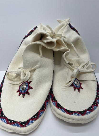 Size 10 Beaded Moccasins; Red, Blue, Black