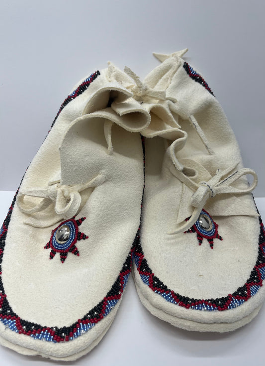 Size 10 Beaded Moccasins; Red, Blue, Black