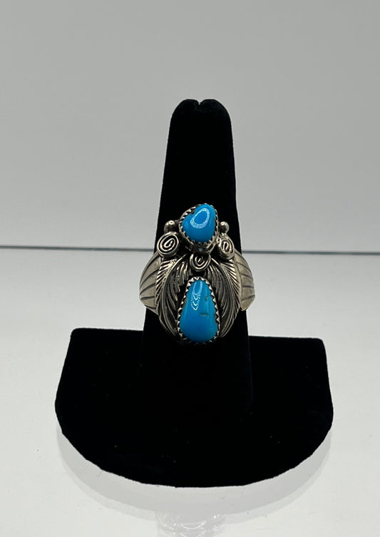 Blue Turquoise, Double Stone, Sterling Silver Ring Size 9.25