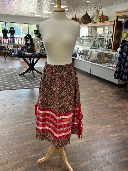 Adult Ribbon Skirt; Black with Strawberries and Red and Pink Ribbons