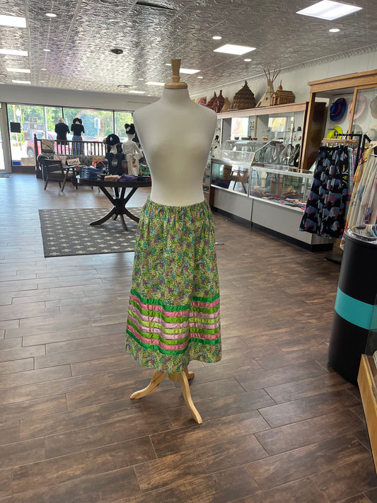 Adult Ribbon Skirt; Green Floral with Pink and Green Ribbons