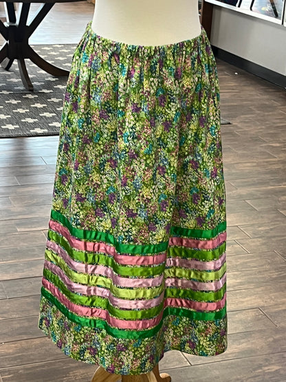 Adult Ribbon Skirt; Green Floral with Pink and Green Ribbons