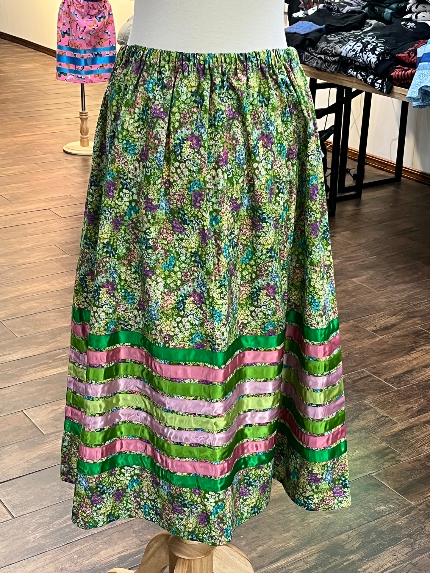Adult Ribbon Skirt; Green Floral with Pink and Green Ribbons