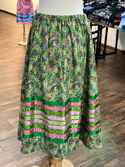 Adult Ribbon Skirt; Green Floral with Pink and Green Ribbons