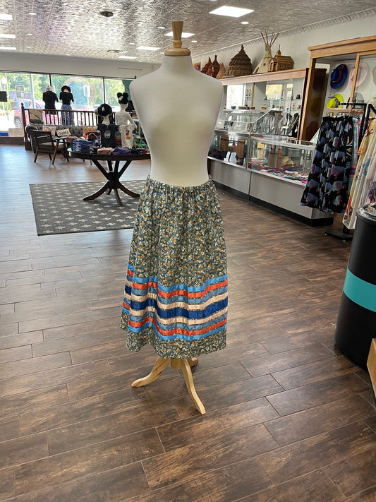 Adult Ribbon Skirt; Blue Floral with Orange and Blue Ribbons