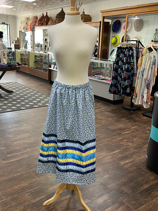 Adult Ribbon Skirt; Blue Floral with Blue and Yellow Ribbons