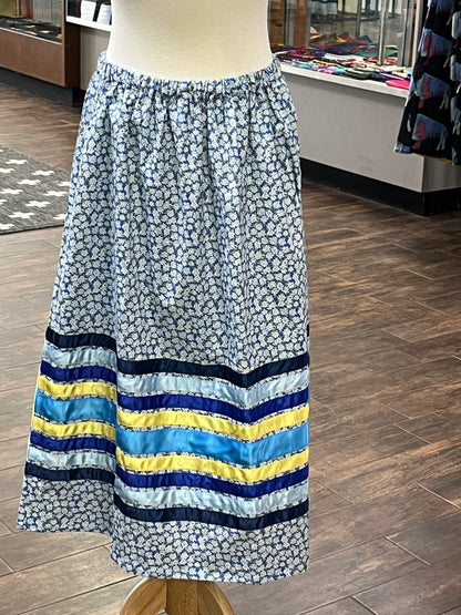 Adult Ribbon Skirt; Blue Floral with Blue and Yellow Ribbons