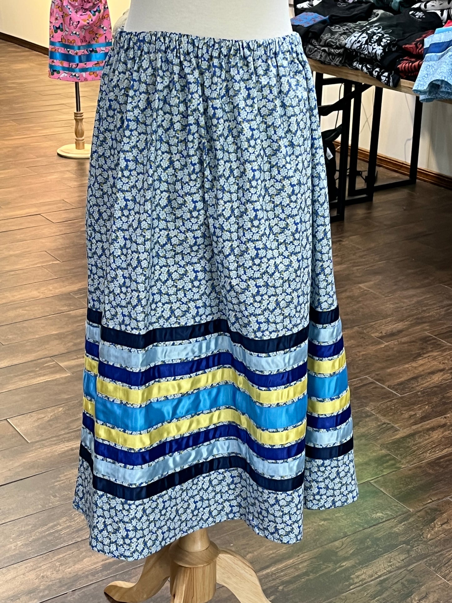 Adult Ribbon Skirt; Blue Floral with Blue and Yellow Ribbons