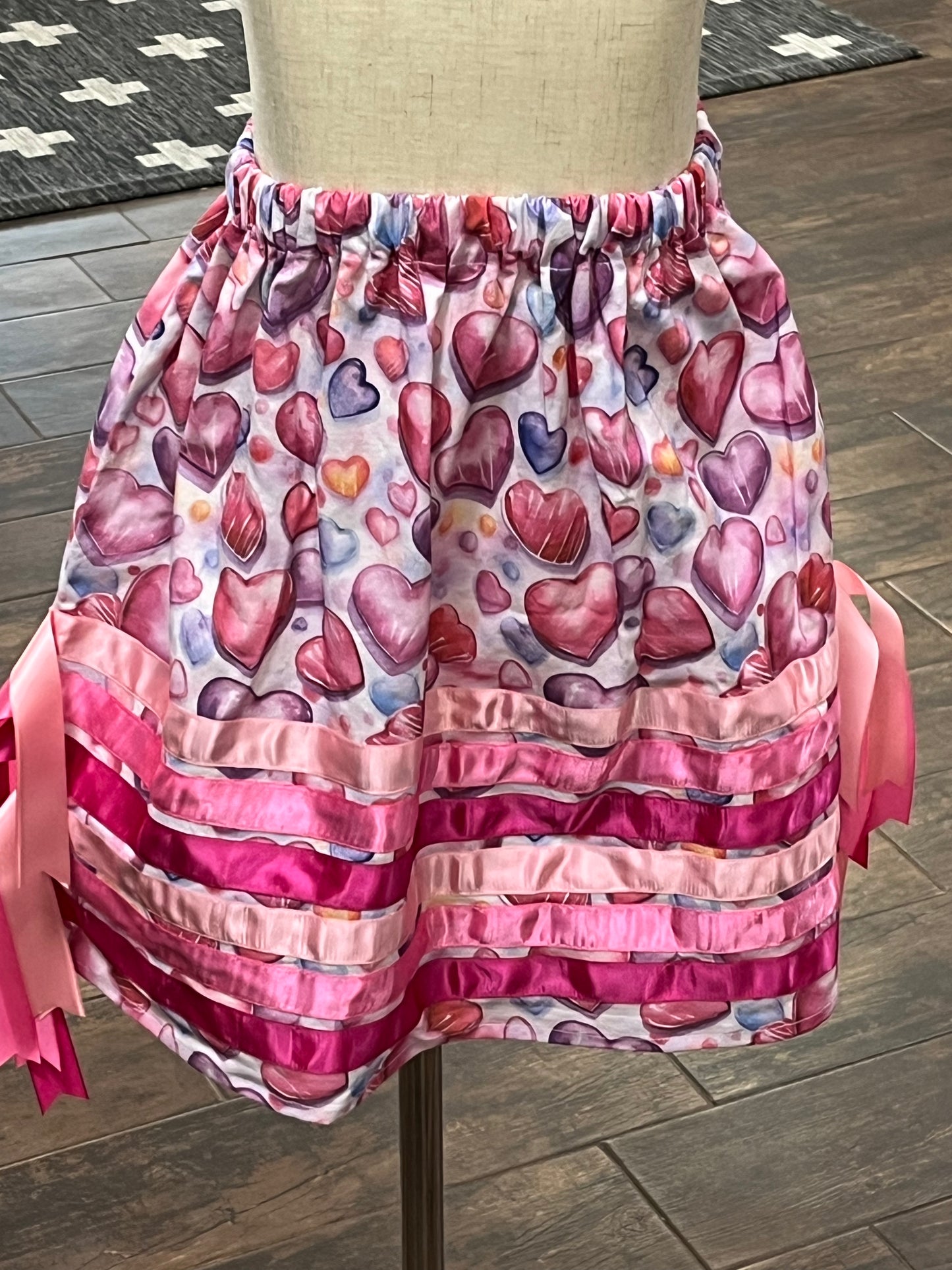 Girl’s Ribbon Skirt; Pink Hearts with Pink Ribbons